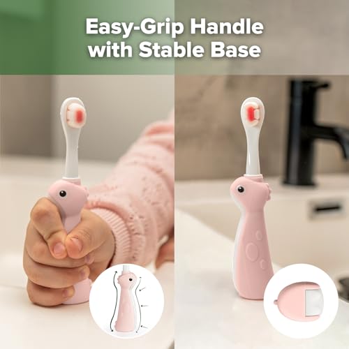 Haakaa Dinosaur Toothbrush for Kids 2-4 - Pink 2 Count with Silicone No-Slip Handle, Tongue Cleaner
