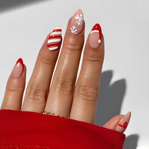 GUFUGU Style-39 Short Almond Christmas Press On Nails with Snowflake & Holiday Designs, 24 Pcs