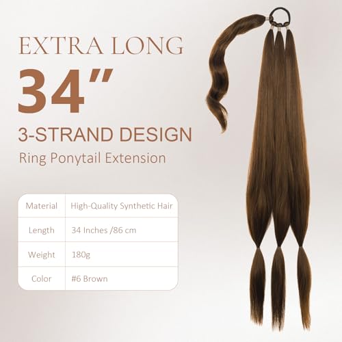 34 Inch Extra Long Brown Braided Ponytail Extension | Easy Attach Hairpiece