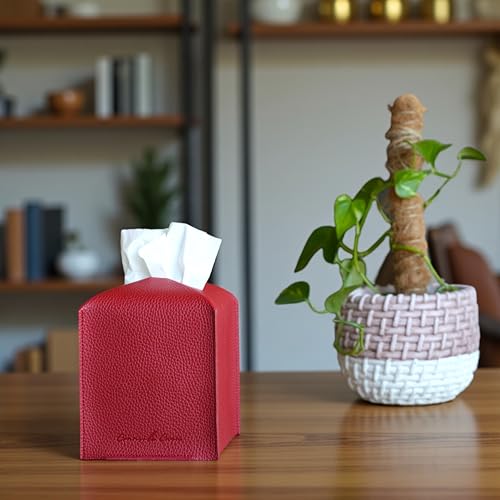 Elegant PU Leather Tissue Box Holder - Crimson Red for Home & Office