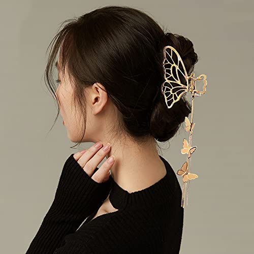 DonLeeving Butterfly Tassel Hair Clips 4 Pack - Big Gold Non-slip Claw Accessories for Women & Girls