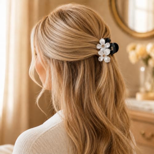 Babeorn Camellia Flower Acetate Hair Claw Clips - 2 Pack Medium Shark Clips