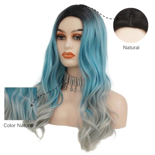 Ombre Blue Curly Wig for Women - Long Wavy Heat Resistant Hair
