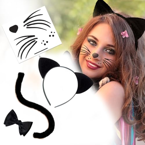 Cat Costume Face Kit with Ears, Tail & Temporary Tattoos - Easy Halloween Accessory - Cat Face Ears & Tail - Made in USA