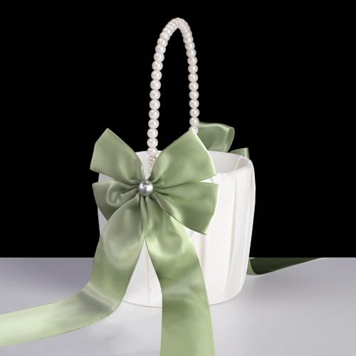 Sage Green Flower Girl Basket with Pearl Handle - Wedding Decor