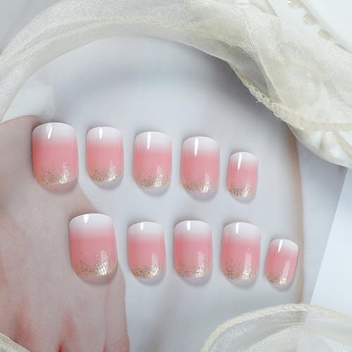 24 Pcs French Tip Press On Nails - Short Square Pink White Gradient