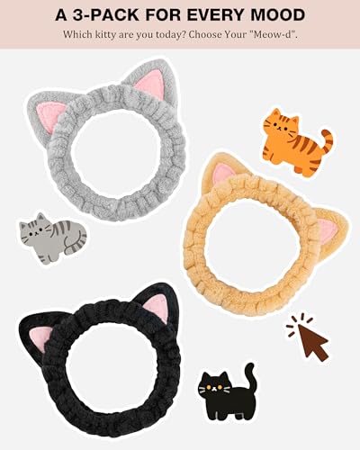 YOOVR Cat Ears Spa Headband Set - 3 Cute Hair Accessories