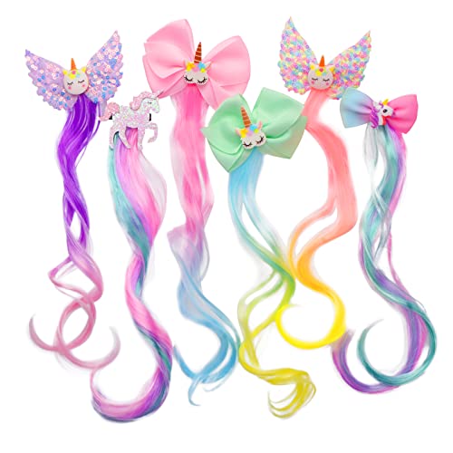 Curly Clips 6PK - 13in Unicorn Bow Hair Extensions for Girls