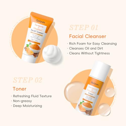 QUIYUM 5PCS Turmeric Vitamin C Skin Care Set for Women - Complete Facial Routine