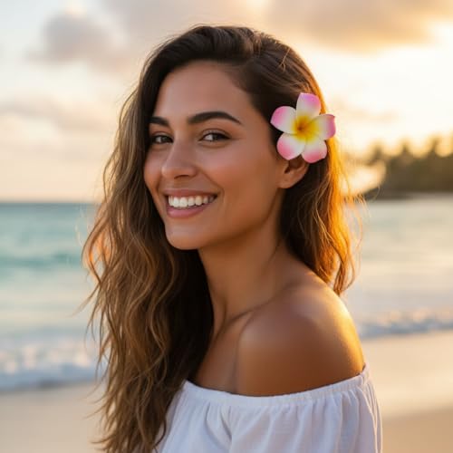 4 Pcs Hawaiian Plumeria Foam Hair Clips - White & Pink Flowers