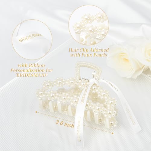 DEEKA 3.7 Inch Pack of 8 Pearl Bridesmaid Hair Claw Clips with Ribbon - Half Circle Bridal Party Favors