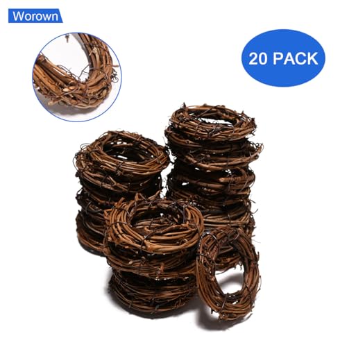 Worown 20 Pcs Mini Natural Grapevine Wreaths - 2.36 inch for DIY Decor