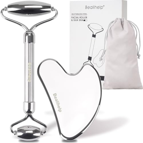 Bealihelp Stainless Steel Face Roller & Gua Sha Set for Skin Tightening & Puffiness Reduction