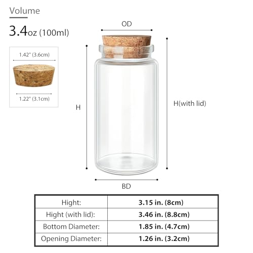 4 Pack 100ml Glass Jars with Cork Lids for Crafts & Gifts