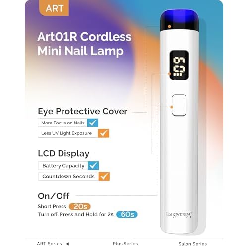 MelodySusie Handheld Cordless UV Nail Lamp with LCD Display & Eye-Protection Cover, P-Art01R Rechargeable Mini UV LED Light Flash Cures All Soft Gels, Especially Rhinestone Glue & Liner Gel White