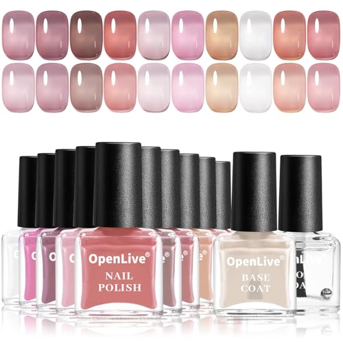OpenLive Jelly Nail Polish Set - 12 Colors 5ML with Base & Top Coat - No Lamp Needed