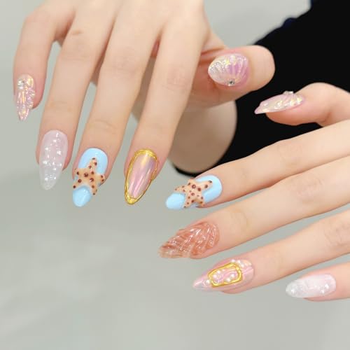 NLSJMP 3D Handmade False Nails Kit L/3010 - Waterproofer Almond Manicure with Starfish Design
