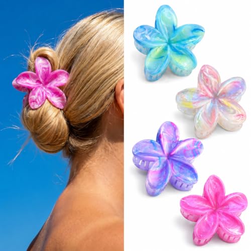 FEELINGGARDEN 4PCS Tropical Flower Claw Hair Clips - Purple, Magenta, Pink, Blue