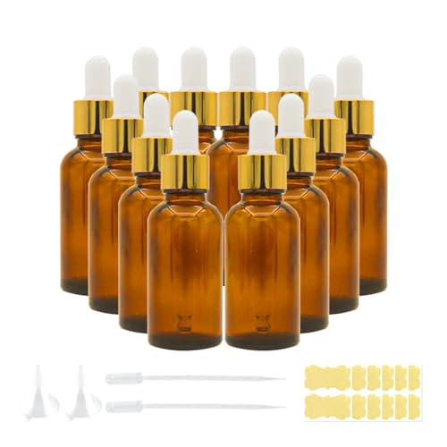 Set of 12 Amber Dropper Bottles 1 oz with Funnels & Labels