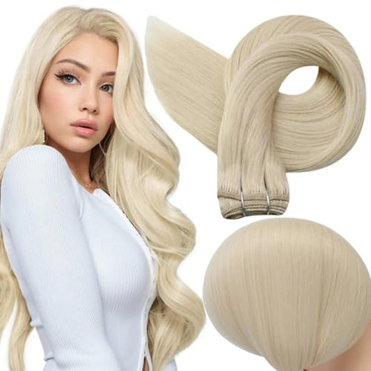 Full Shine Hair Extensions 24 Inch Weft Hair Extensions Human Hair Color Platinum Blonde Extensions Sew In Extensions Real Human Hair Remy Human Hair Weft 105G