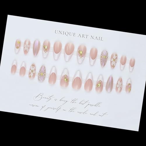 ESLALA Pink French Tip Flower Medium Press-On Nails 24Pcs for Women Menicure