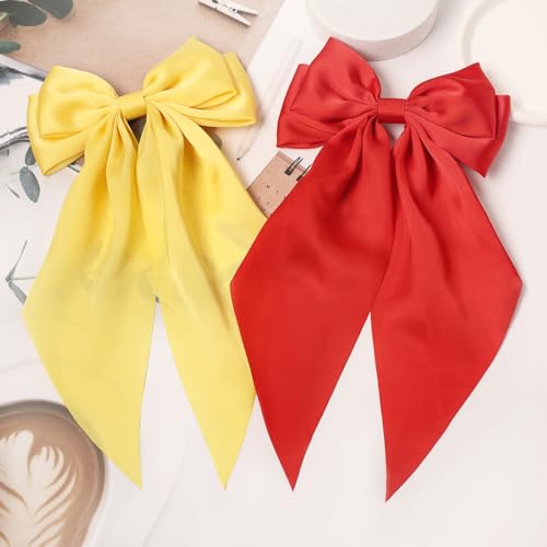 Large Satin Bow Hair Clips with Long Tails, 9-Piece Colorful Set