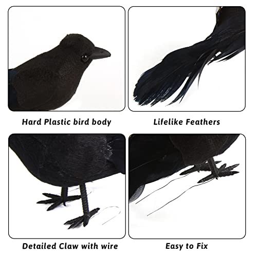 FOIMAS Halloween Black Crows - Realistic Feathered Ravens Prop, Pack of 6