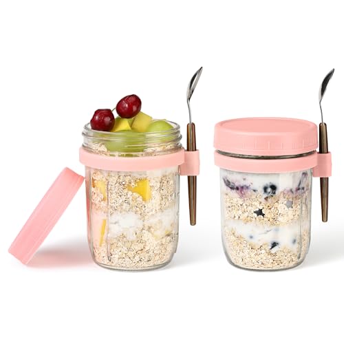 16oz Glass Mason Jars for Overnight Oats - 2 Pack with Lids & Spoon