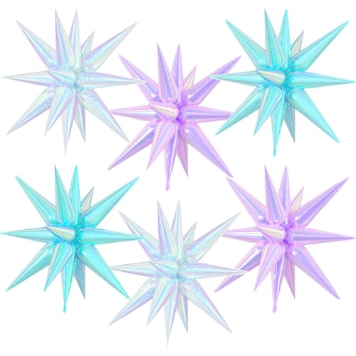 Iridescent Star Balloons - 6 Pcs Holographic Party Decor, 22 Inch