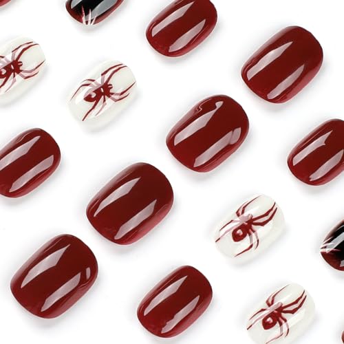 HPYFOI Spider Halloween Press-On Nails Style-4: Short Dark Red Square Reusable 24 Pcs