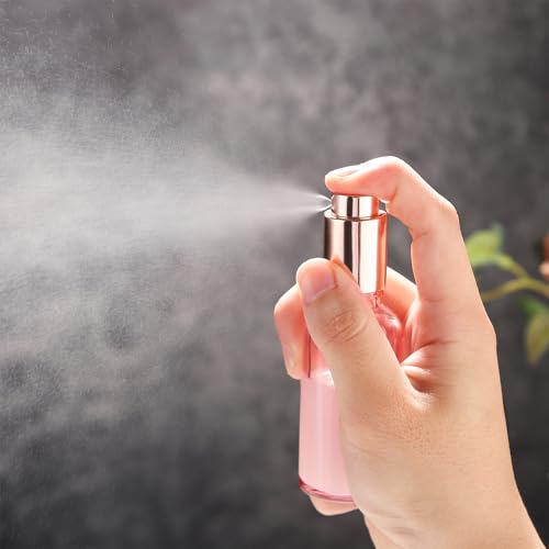 RAMFIYN 12 Pack 10ml Pink Glass Spray Bottles with Rose Gold Lid – Refillable Fine Mist Atomizers