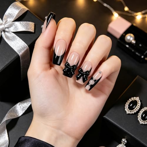 Medium Black French Tip Press on Nails with 3D Bow - Exylixor 662603MSQ