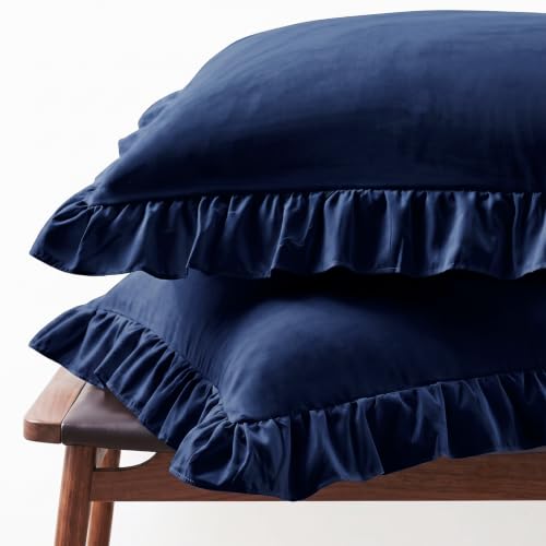 Set of 2 Navy Blue Ruffle Pillow Shams - Soft Microfiber, 20x26 Inches
