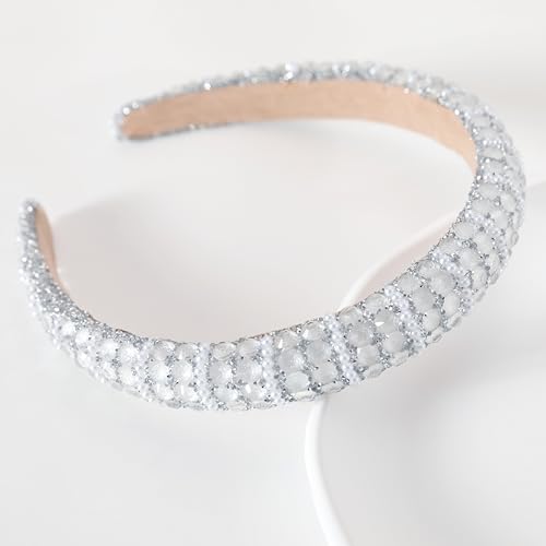 Silver Rhinestone Padded Headband - Crystal Beaded Glitter Hair Accessory