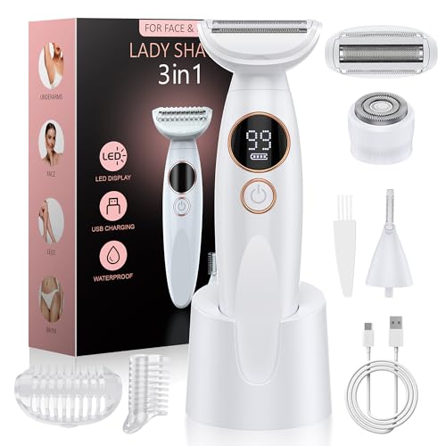 3 in 1 Bikini Trimmer for Women, Electric Razors for Women with Display, Painless Bikini Trimmer, USB Charging, Electric Shaver for Woman,Shaver for Woman for Face, IPX7 Waterproof,White