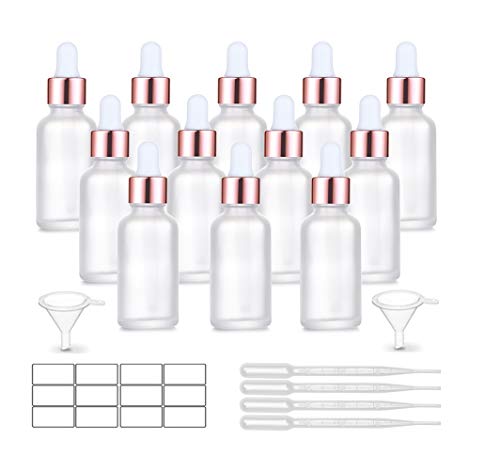 12-Pack 30ml Frosted Glass Dropper Bottles with Rose Gold Caps
