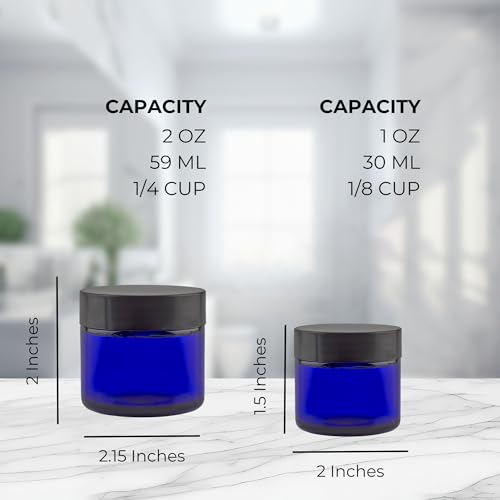 Cobalt Blue Glass Cosmetic Jars - 12 Pack, 1oz & 2oz with Lids