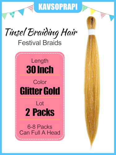 KAVSORAPI Gold Tinsel Hair Extensions - 30 Inch Pack of 2 for Festivals & DIY Styling