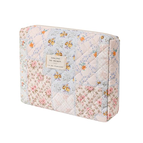 uekeboag Pink Floral Quilted Cotton Makeup Bag - Coquette Pouch (03Pink Flower)