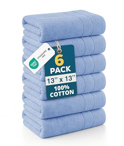 Casa Platino 100% Cotton Wash Cloths - 6 Pack, Cerulean Blue, 13x13