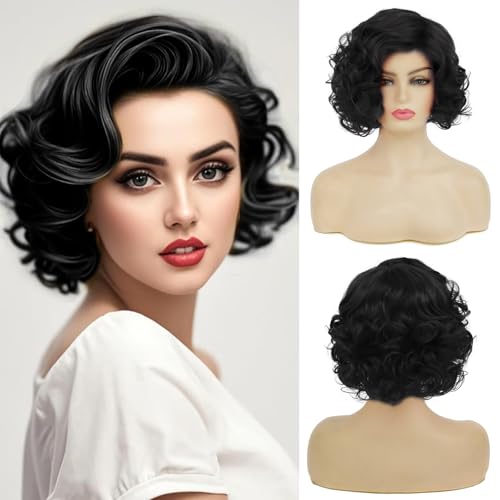 Short Curly Wavy Black Wig for Women - Synthetic Halloween Cosplay