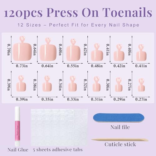 AddFavor Pale Nude Pink Toe Nail Press Ons - 120pcs Full Cover Fake Toenails for Women