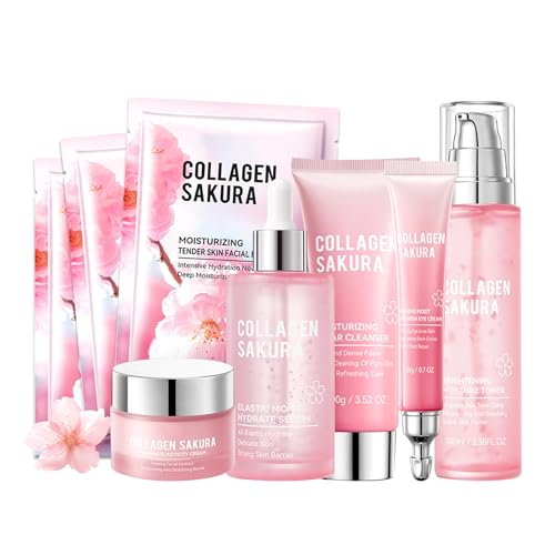 DuoZeng 8pcs Sakura Skincare Set, Moisturizing Face Cleanser, Serum, Toner & Masks for All Skin Types