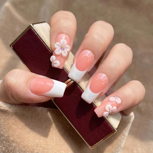 Luvqara SY303 Long Square Pink Nude French Tip Press-On Nails - Handmade 3D Flower Design, Reusable, 10 Pcs
