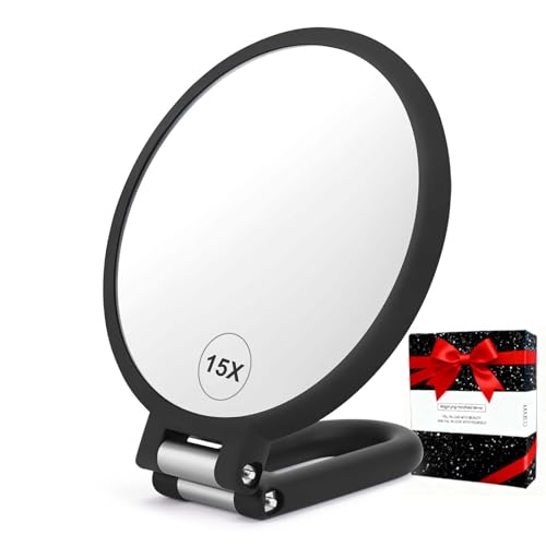 CLSEVXY Magnifying Handheld Mirror Double Sided, 1X 15X Magnification Hand Mirrors, Travel Folding Hand Held Mirror, 360¡ÆRotation Pedestal Makeup Vanity Mirror