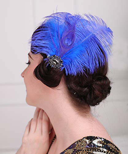 Royal Blue Flapper Headpiece with Feather & Crystal Hair Clip