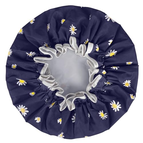 Meliya Daisy Blue Waterproof Shower Cap for Women - Dual-Layer Elastic Hair Cover