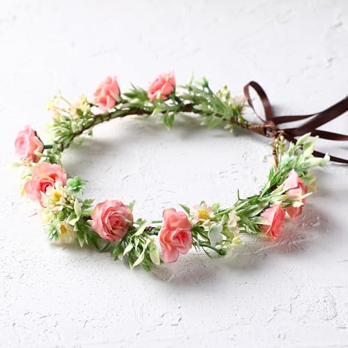 Pink Green Rose Flower Crown - Boho Floral Headband for Women