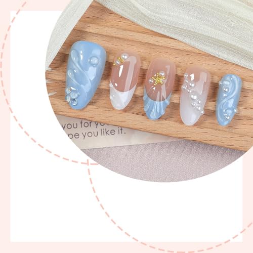 WFBBKP Blue French Tip Fake Nails - 14 Medium Almond Press-On Nails with 3D Water Ripple Design & Rhinestones - Summer Manicure
