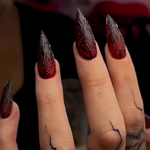 Halloween Press On Nails - Stiletto Almond, 24Pcs 3D Designs